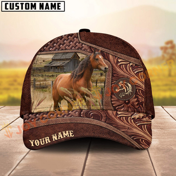 Joycorners Horse Brown Tooled Leather On Farm Customized Name 3D Classic Cap