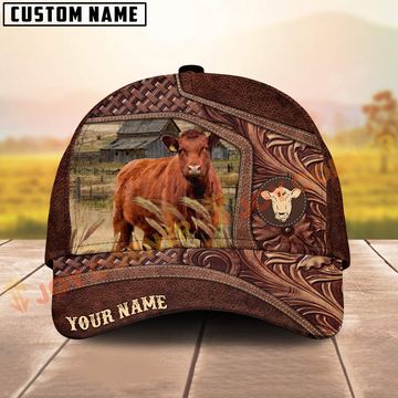 Joycorners Red Angus Brown Tooled Leather On Farm Customized Name 3D Classic Cap