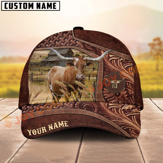 Joycorners Texas Longhorn Brown Tooled Leather On Farm Customized Name 3D Classic Cap