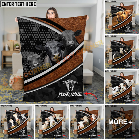 Joycorners Cattle Cow Honeycomb Leather Curve Modern Ranch Pattern Personalized Name 3D Blanket (10 Breeds)