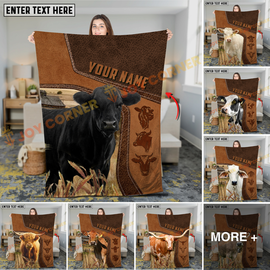 Joycorners Cattle Cow Rustic Leather Stitch Farm Style Personalized Name Blanket (10 Breeds)