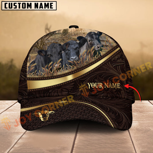 Joycorners Tooled Leather Pattern Golden Lines Three Cows, Custom Name Cattle Cap (10 Cattle Breeds)