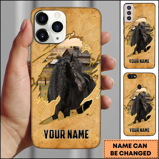 Joycorners Friesian Horse Vintage Farm Torn Paper Art Style Personalized Name 3D Phone Case