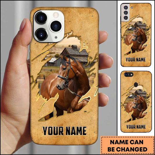 Joycorners Thoroughbred Horse Vintage Farm Torn Paper Art Style Personalized Name 3D Phone Case