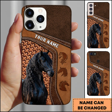 Joycorners Friesian Horse Brown Leather Stitched Panel Design Personalized Name 3D Phone Case
