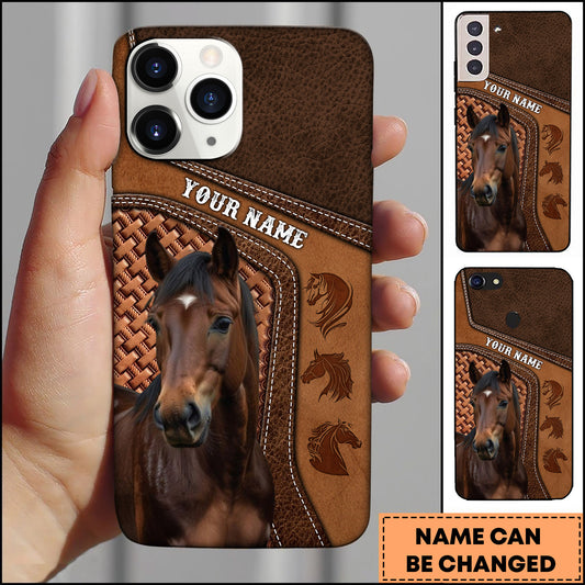 Joycorners Hackney Horse Brown Leather Stitched Panel Design Personalized Name 3D Phone Case