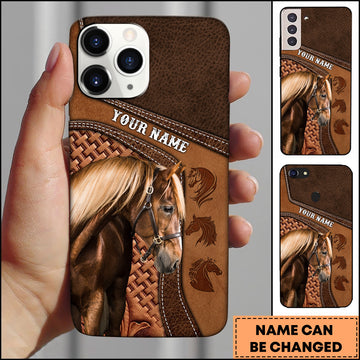 Joycorners Morgan Horse Brown Leather Stitched Panel Design Personalized Name 3D Phone Case