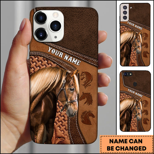 Joycorners Morgan Horse Brown Leather Stitched Panel Design Personalized Name 3D Phone Case