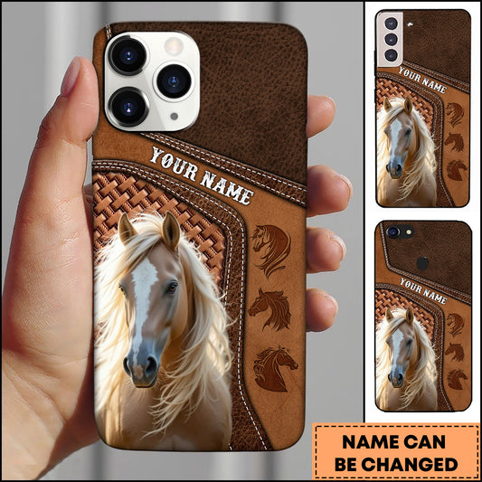 Joycorners Palomino Horse Brown Leather Stitched Panel Design Personalized Name 3D Phone Case