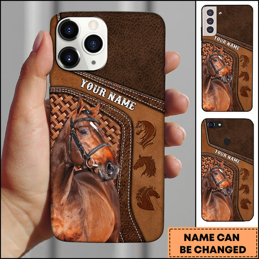 Joycorners Thoroughbred Horse Brown Leather Stitched Panel Design Personalized Name 3D Phone Case
