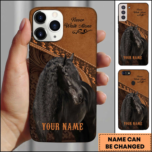 Joycorners Friesian Horse Western Leather Floral Embossed Design Personalized Name 3D Phone Case