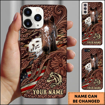 Joycorners Appaloosa Horse Western Tooled Leather American Flag Pattern Personalized Name 3D Phone Case