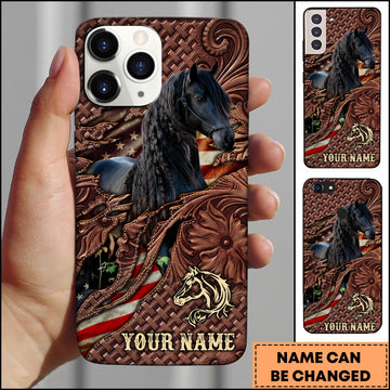 Joycorners Friesian Horse Western Tooled Leather American Flag Pattern Personalized Name 3D Phone Case