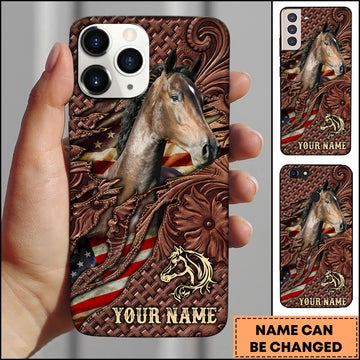 Joycorners Hackney Horse Western Tooled Leather American Flag Pattern Personalized Name 3D Phone Case