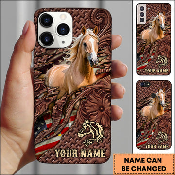 Joycorners Palomino Horse Western Tooled Leather American Flag Pattern Personalized Name 3D Phone Case