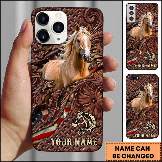 Joycorners Palomino Horse Western Tooled Leather American Flag Pattern Personalized Name 3D Phone Case