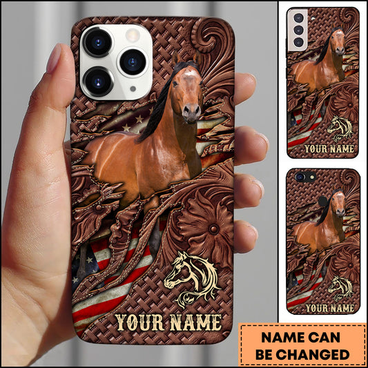 Joycorners Quarter Horse Western Tooled Leather American Flag Pattern Personalized Name 3D Phone Case