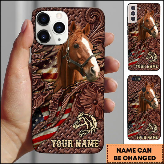Joycorners Thoroughbred Horse Western Tooled Leather American Flag Pattern Personalized Name 3D Phone Case