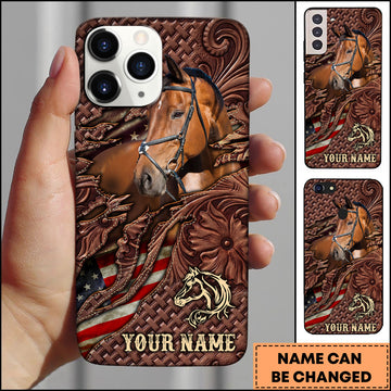 Joycorners Warmblood Horse Western Tooled Leather American Flag Pattern Personalized Name 3D Phone Case