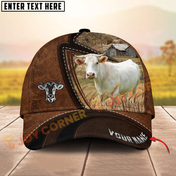 Joycorners  Charolais Cow Leather Farm Landscape Pattern Personalized Name 3D Classic Cap