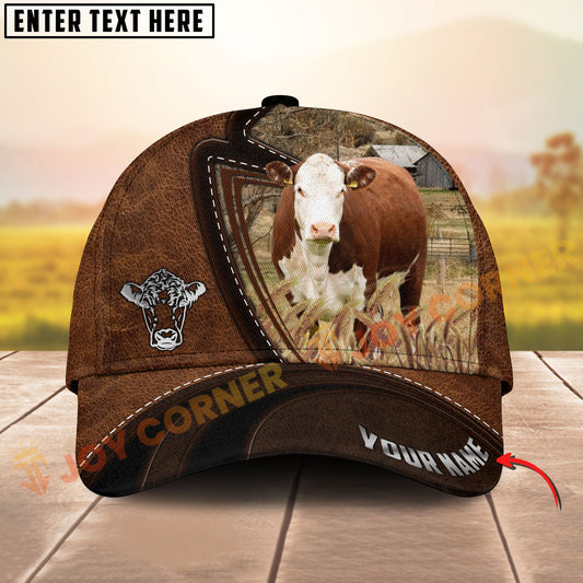 Joycorners  Hereford Cow Leather Farm Landscape Pattern Personalized Name 3D Classic Cap