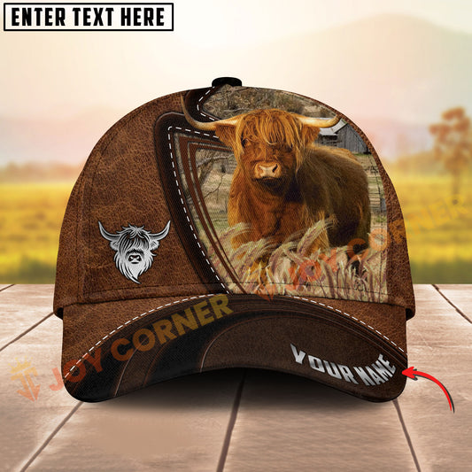 Joycorners  Highland Cattle Cow Leather Farm Landscape Pattern Personalized Name 3D Classic Cap