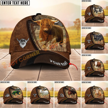 Joycorners Cattle Cow Leather Farm Landscape Pattern Personalized Name 3D Classic Cap (9 Breeds)