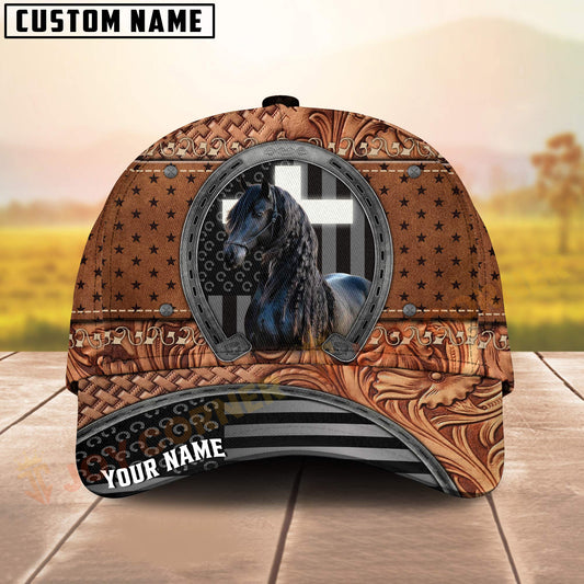 Joycorners Friesian Horse Tooled Leather Horseshoe Cross Pattern Personalized Name 3D Classic Cap