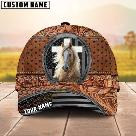 Joycorners Palomino Horse Tooled Leather Horseshoe Cross Pattern Personalized Name 3D Classic Cap