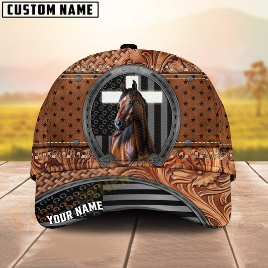 Joycorners Quarter Horse Tooled Leather Horseshoe Cross Pattern Personalized Name 3D Classic Cap
