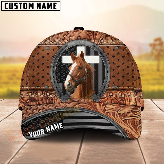Joycorners Thoroughbred Horse Tooled Leather Horseshoe Cross Pattern Personalized Name 3D Classic Cap