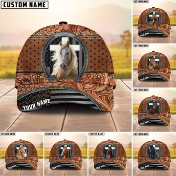 Joycorners Horse Tooled Leather Horseshoe Cross Pattern Personalized Name 3D Classic Cap  (8 Breeds)