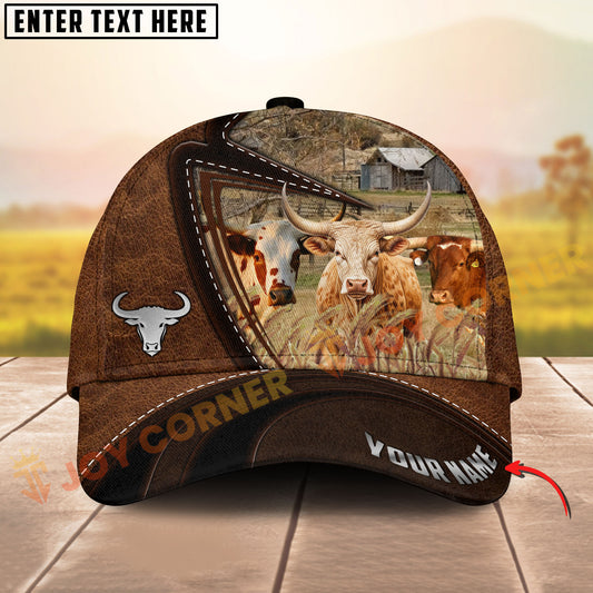 Joycorners Three Texas Longhorn Cow Leather Farm Landscape Pattern Personalized Name 3D Classic Cap