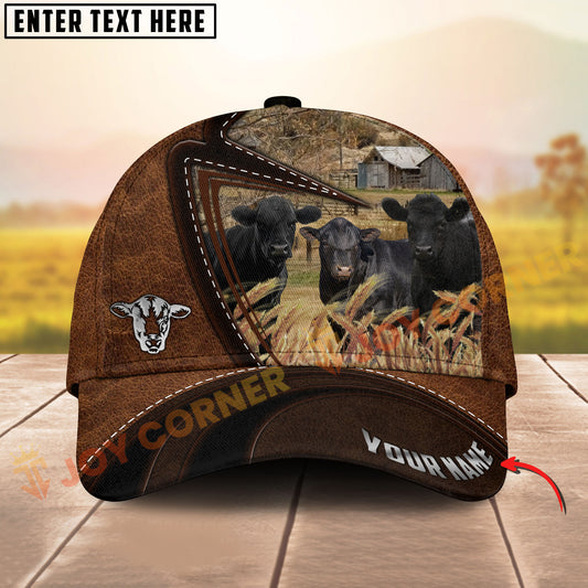 Joycorners Three Black Angus Cow Leather Farm Landscape Pattern Personalized Name 3D Classic Cap