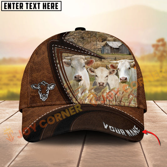 Joycorners Three Charolais Cow Leather Farm Landscape Pattern Personalized Name 3D Classic Cap
