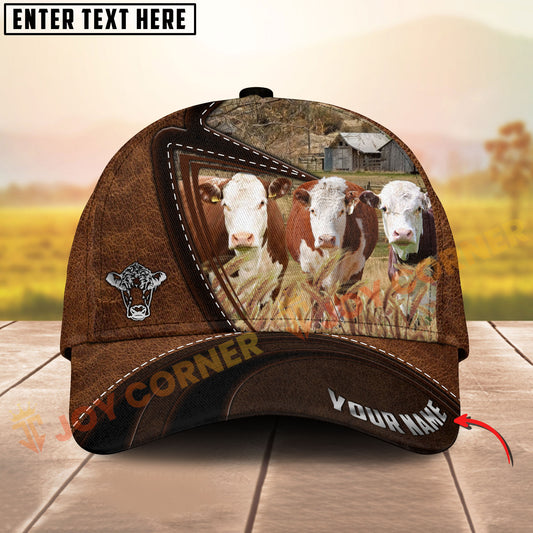 Joycorners Three Hereford Cow Leather Farm Landscape Pattern Personalized Name 3D Classic Cap