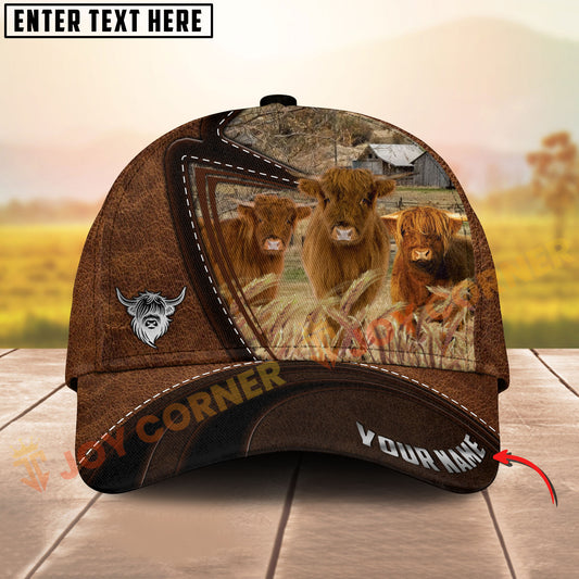 Joycorners Three Highland Cattle Cow Leather Farm Landscape Pattern Personalized Name 3D Classic Cap