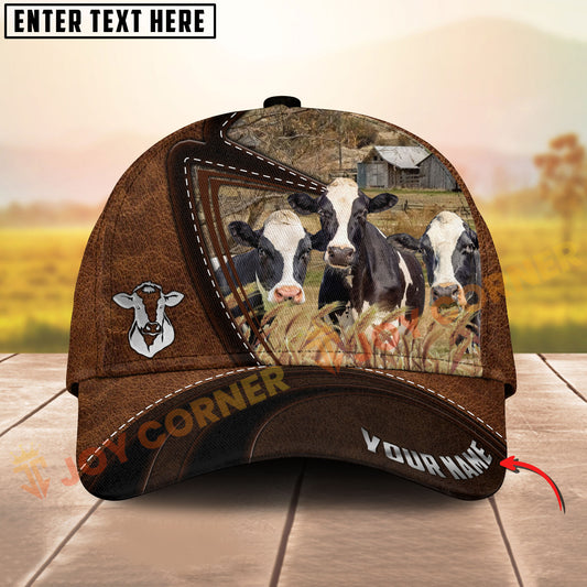 Joycorners Three Holstein Cow Leather Farm Landscape Pattern Personalized Name 3D Classic Cap