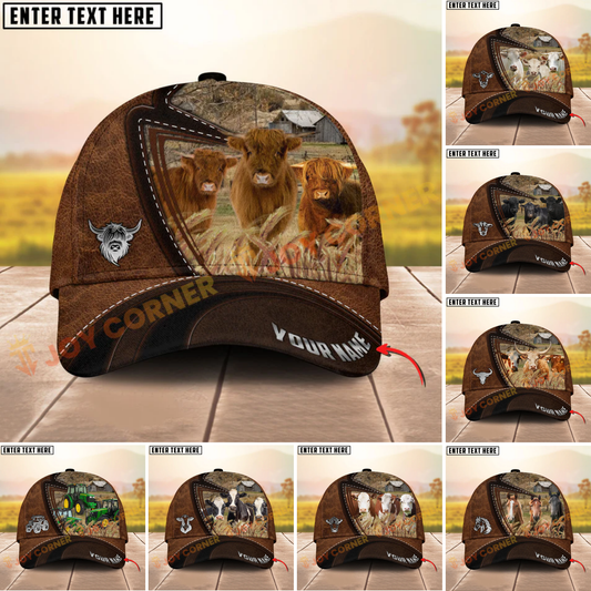 Joycorners Three Cow Leather Farm Landscape Pattern Personalized Name 3D Classic Cap (9 Breeds)
