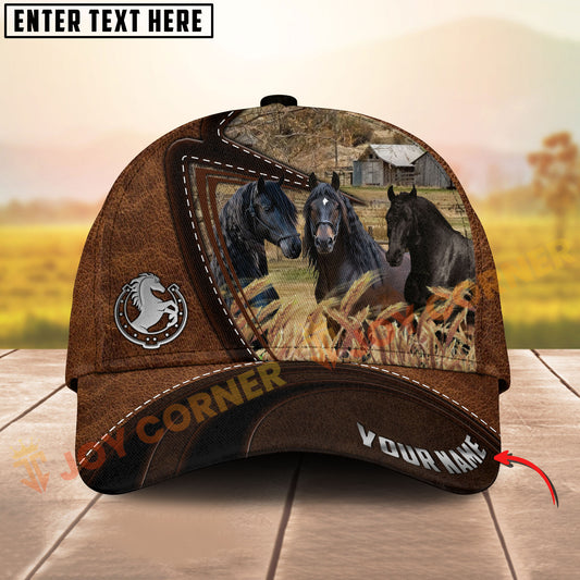 Joycorners Three Friesian Horse Leather Farm Landscape Pattern Personalized Name 3D Classic Cap
