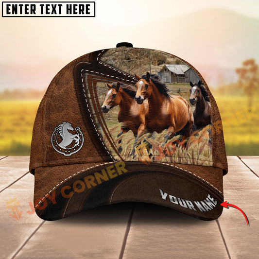 Joycorners Three Thoroughbred Horse Leather Farm Landscape Pattern Personalized Name 3D Classic Cap