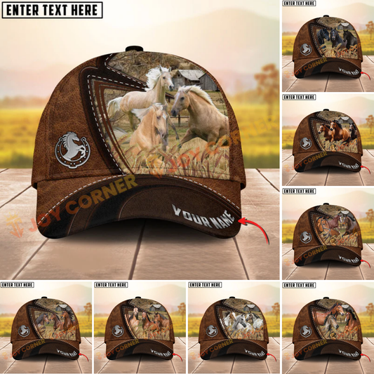 Joycorners Three Horse Leather Farm Landscape Pattern Personalized Name 3D Classic Cap (8 Breeds)