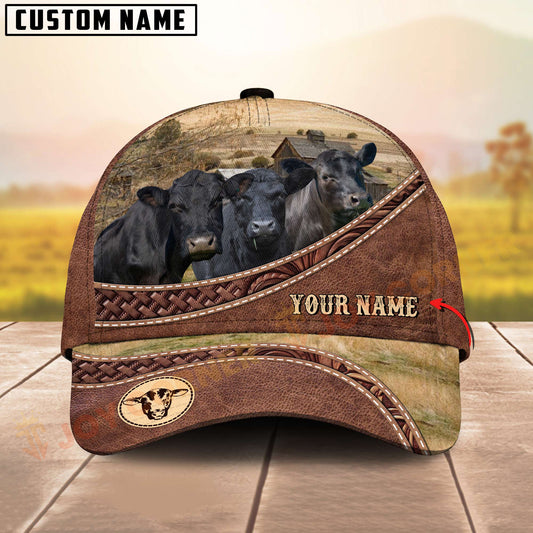 Joycorners Three Black Angus Cow Tooled Leather Farm Landscape Pattern Personalized Name 3D Classic Cap