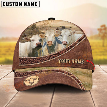Joycorners Three Charolais Cow Tooled Leather Farm Landscape Pattern Personalized Name 3D Classic Cap