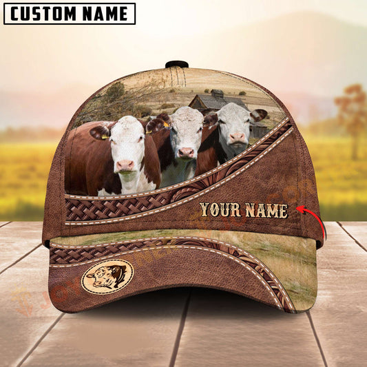 Joycorners Three Hereford Cow Tooled Leather Farm Landscape Pattern Personalized Name 3D Classic Cap