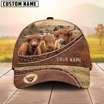 Joycorners Three Highland Cattle Cow Tooled Leather Farm Landscape Pattern Personalized Name 3D Classic Cap