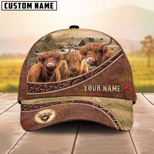 Joycorners Three Highland Cattle Cow Tooled Leather Farm Landscape Pattern Personalized Name 3D Classic Cap