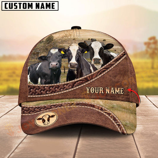 Joycorners Three Holstein Cow Tooled Leather Farm Landscape Pattern Personalized Name 3D Classic Cap