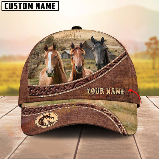 Joycorners Three Horse Tooled Leather Farm Landscape Pattern Personalized Name 3D Classic Cap