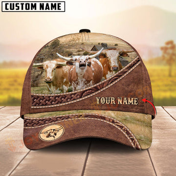 Joycorners Three Texas Longhorn Cow Tooled Leather Farm Landscape Pattern Personalized Name 3D Classic Cap